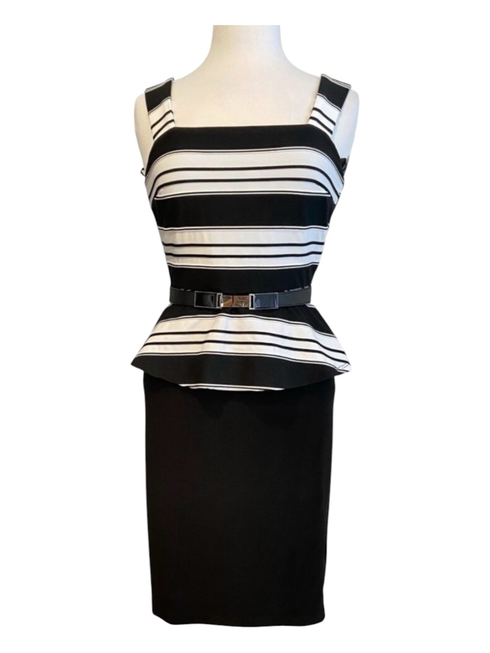 Striped Black & White Peplum Belted Dress Womens Sleeveless Knee-Length NWT